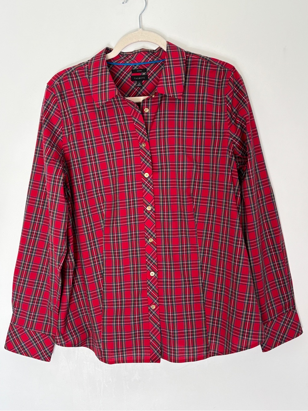Talbots Red Plaid Non Iron Classic Preppy Button Shirt Size 14 Holiday *A8